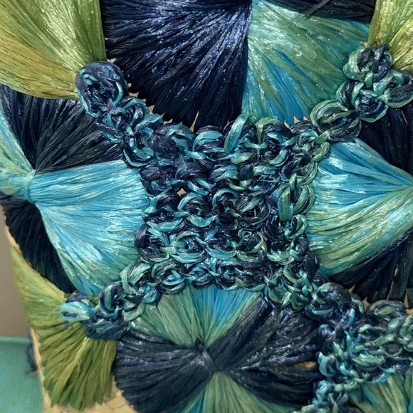 Vintage oversized large gorgeous turquoise blue flower raffia basket beachy bag - Picture 3 of 14
